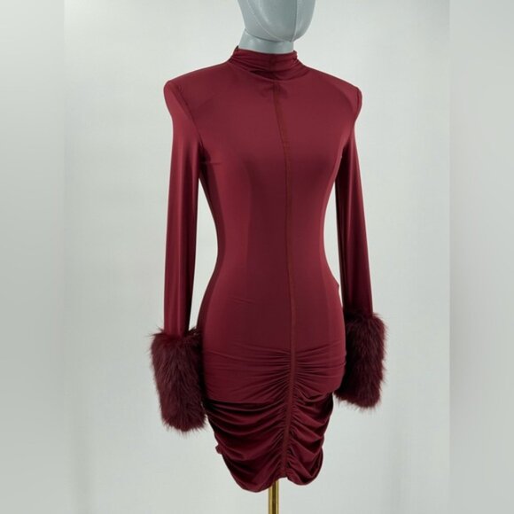 🆕 BRONX & BANCO 🧿 NWOT Eleanor Burgundy Fur Trimmed Mini Dress, Sz XS US 2 - Picture 4 of 17